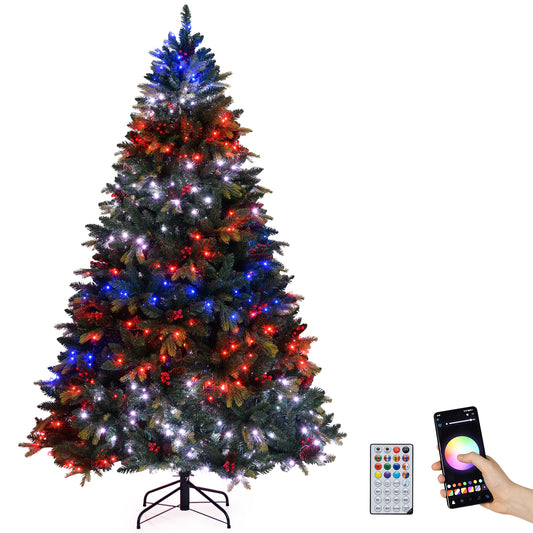 7 ft artificial Christmas tree with LED lights, remote and app control, decorated with pine branches for holiday decor.