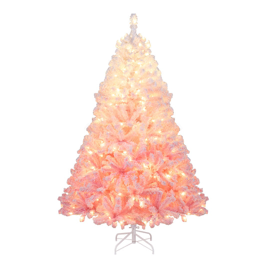 5/6/7/8 ft artificial Christmas tree with warm white LED lights and 8 lighting modes, perfect for holiday decor.
