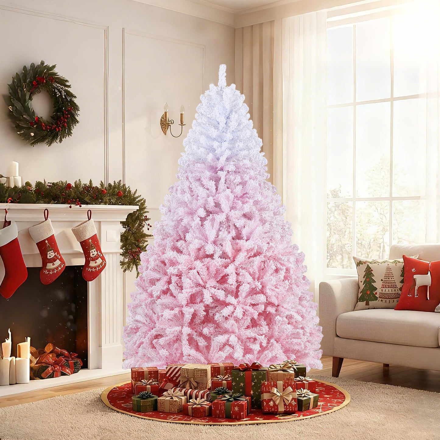 5/6/7/8 FT Artificial Christmas Tree with Warm White LED Lights and 8 Modes for Holiday-7 Feet