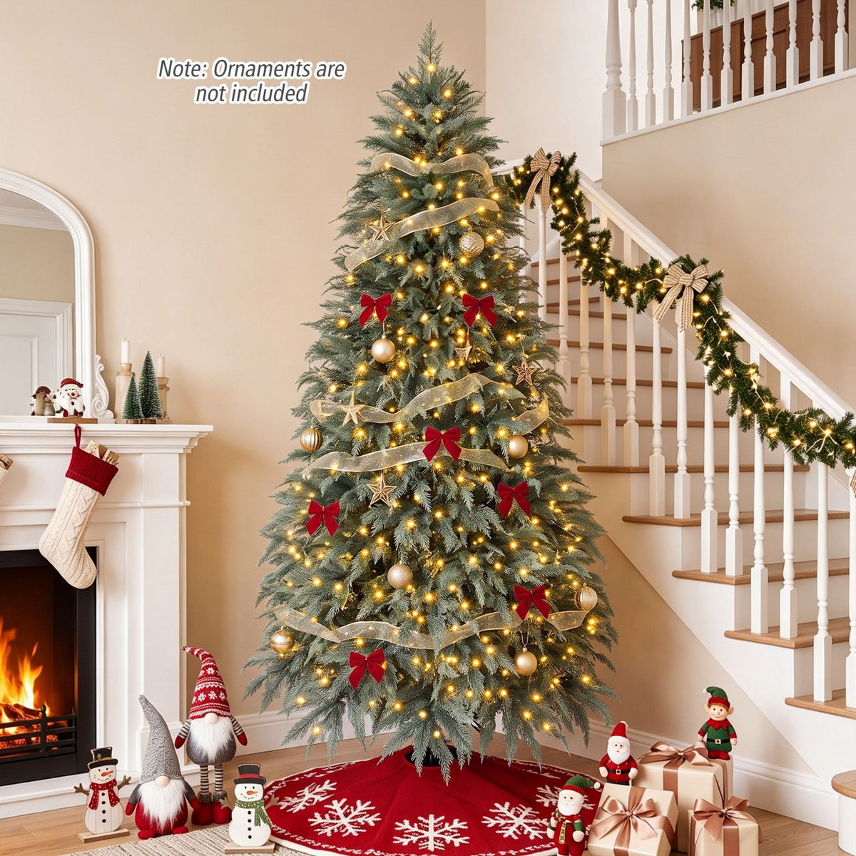 8-foot pre-lit artificial Christmas tree with warm white LED lights, featuring realistic pine branches for holiday decor.