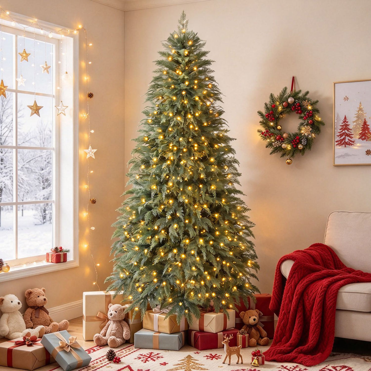 Eight-foot pre-lit artificial Christmas tree with warm white LED lights, featuring realistic green branches for holiday decor.