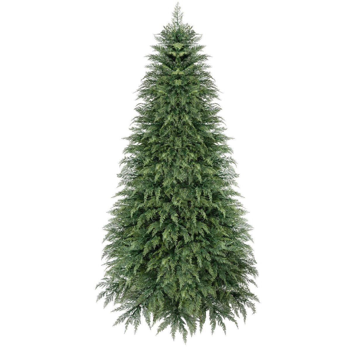 8 ft pre-lit artificial Christmas tree with warm white LED lights, realistic green branches, ideal for holiday decor.