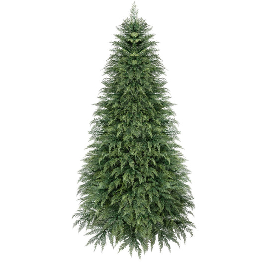 8 ft pre-lit artificial Christmas tree with warm white LED lights, realistic green branches, ideal for holiday decor.