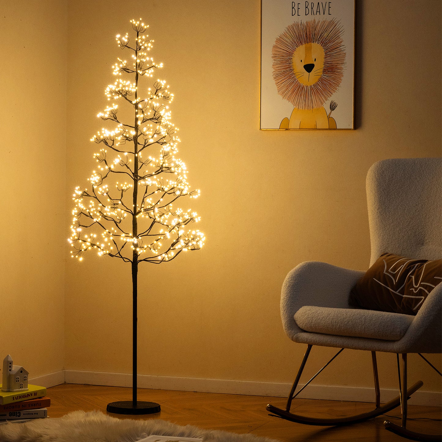 5/6/7 FT Lighted Alpine Tree with Warm White Light LED Lights Pre-lit Artificial Cedar Tree with Weighted Base-7 ft