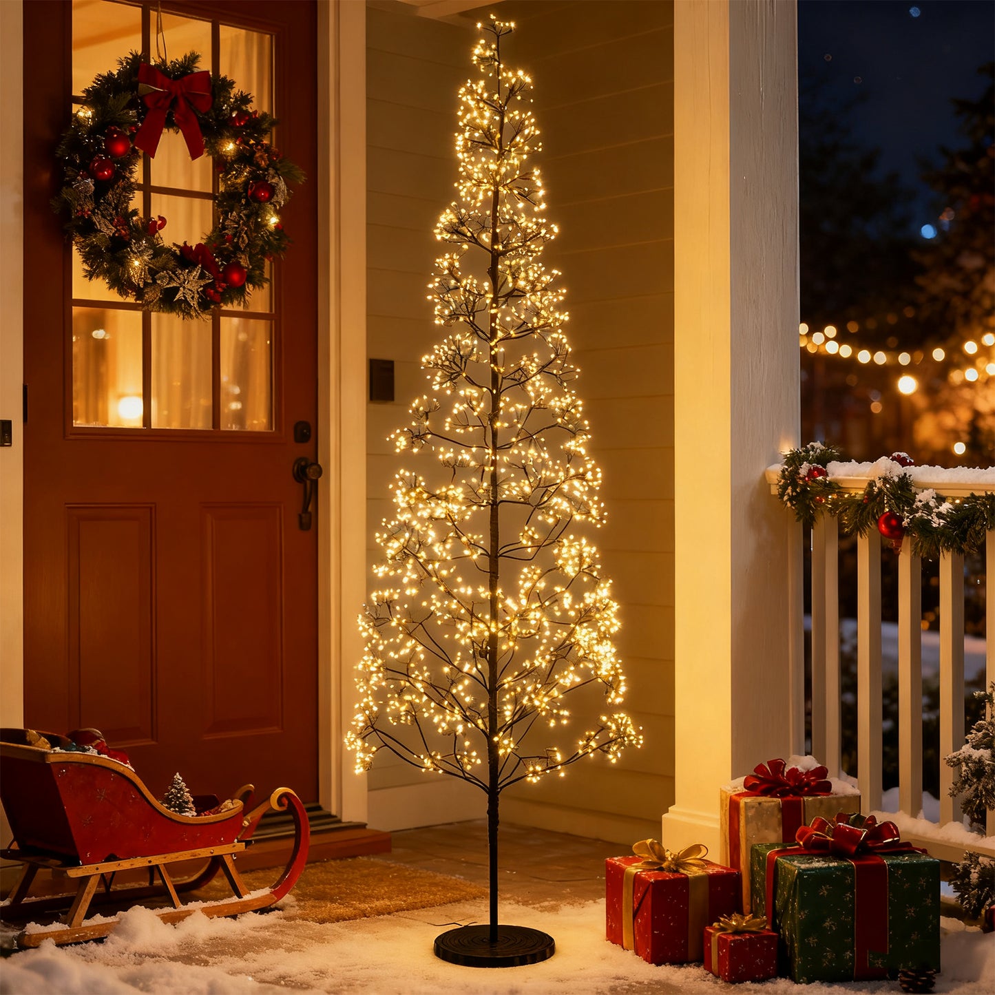5/6/7 FT Lighted Alpine Tree with Warm White Light LED Lights Pre-lit Artificial Cedar Tree with Weighted Base-7 ft
