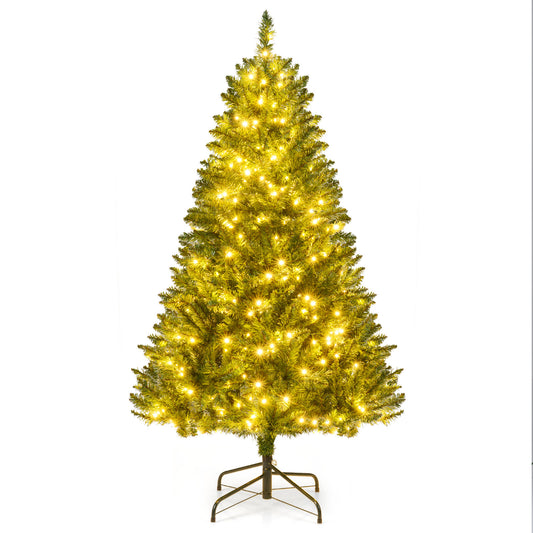 5, 6, or 7-foot artificial Christmas tree with hinged branches and seven lighting modes, ideal for holiday decor.