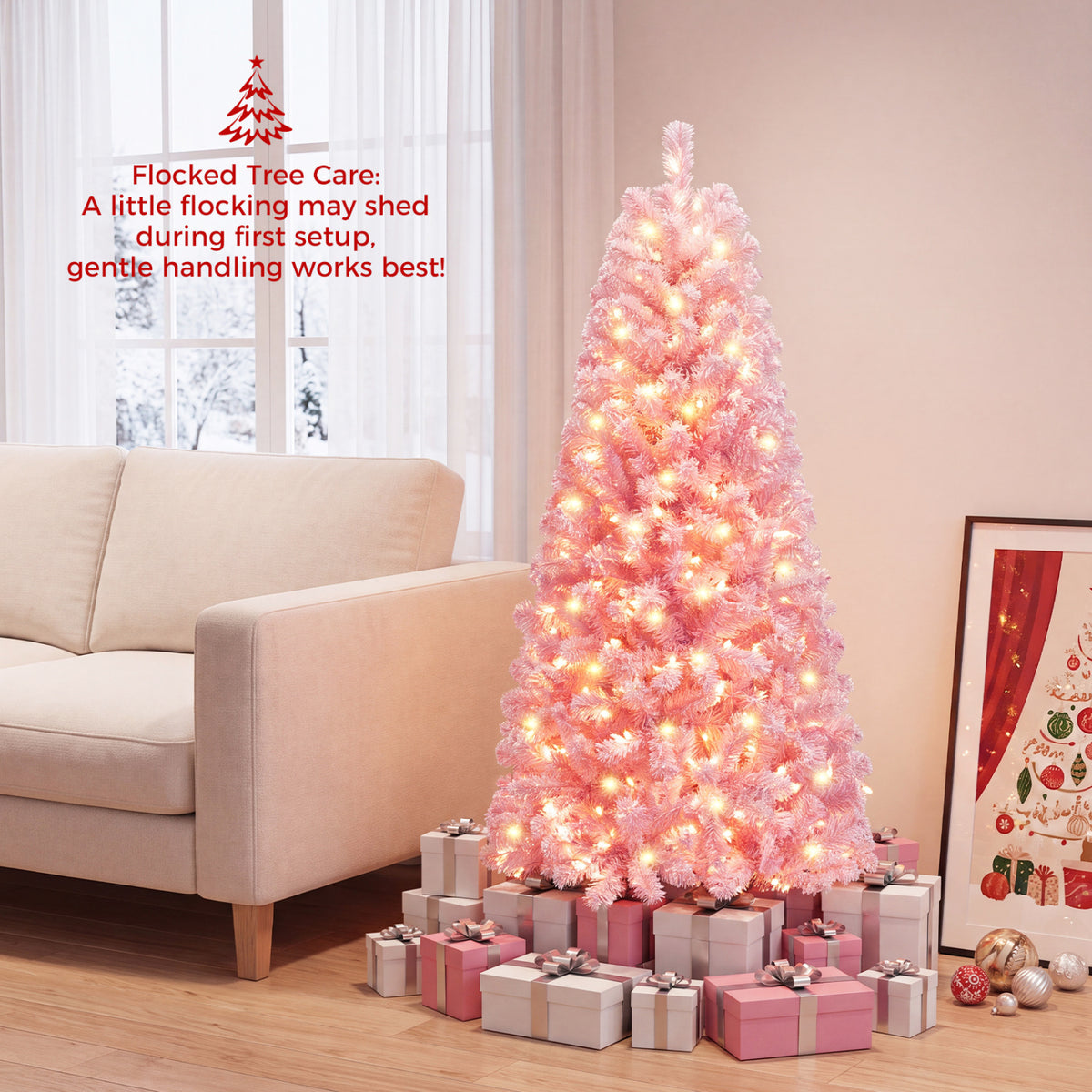 5/6/7 Feet Flocked Fir Christmas Tree with Warm White LED Lights-5 ft