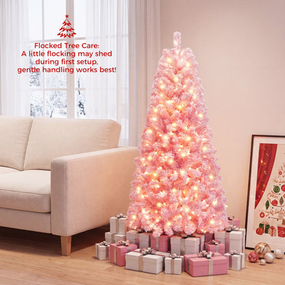5/6/7 Feet Flocked Fir Christmas Tree with Warm White LED Lights-5 ft