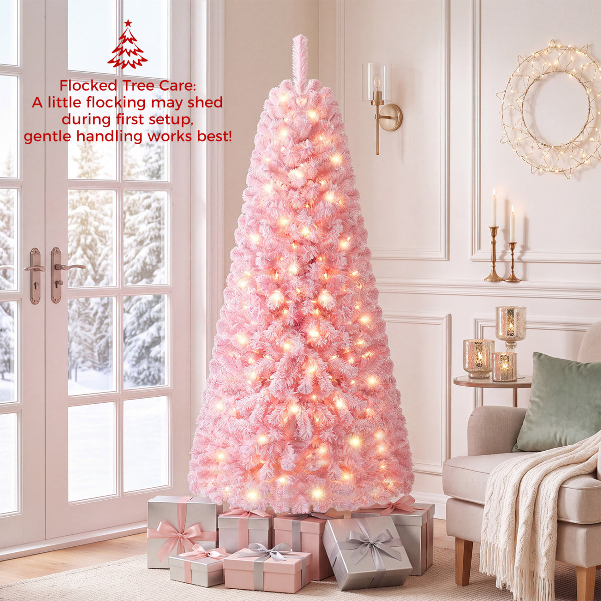 5/6/7 Feet Flocked Fir Christmas Tree with Warm White LED Lights-6 ft