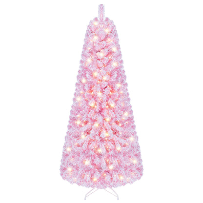 5/6/7 Feet Flocked Fir Christmas Tree with Warm White LED Lights-6 ft