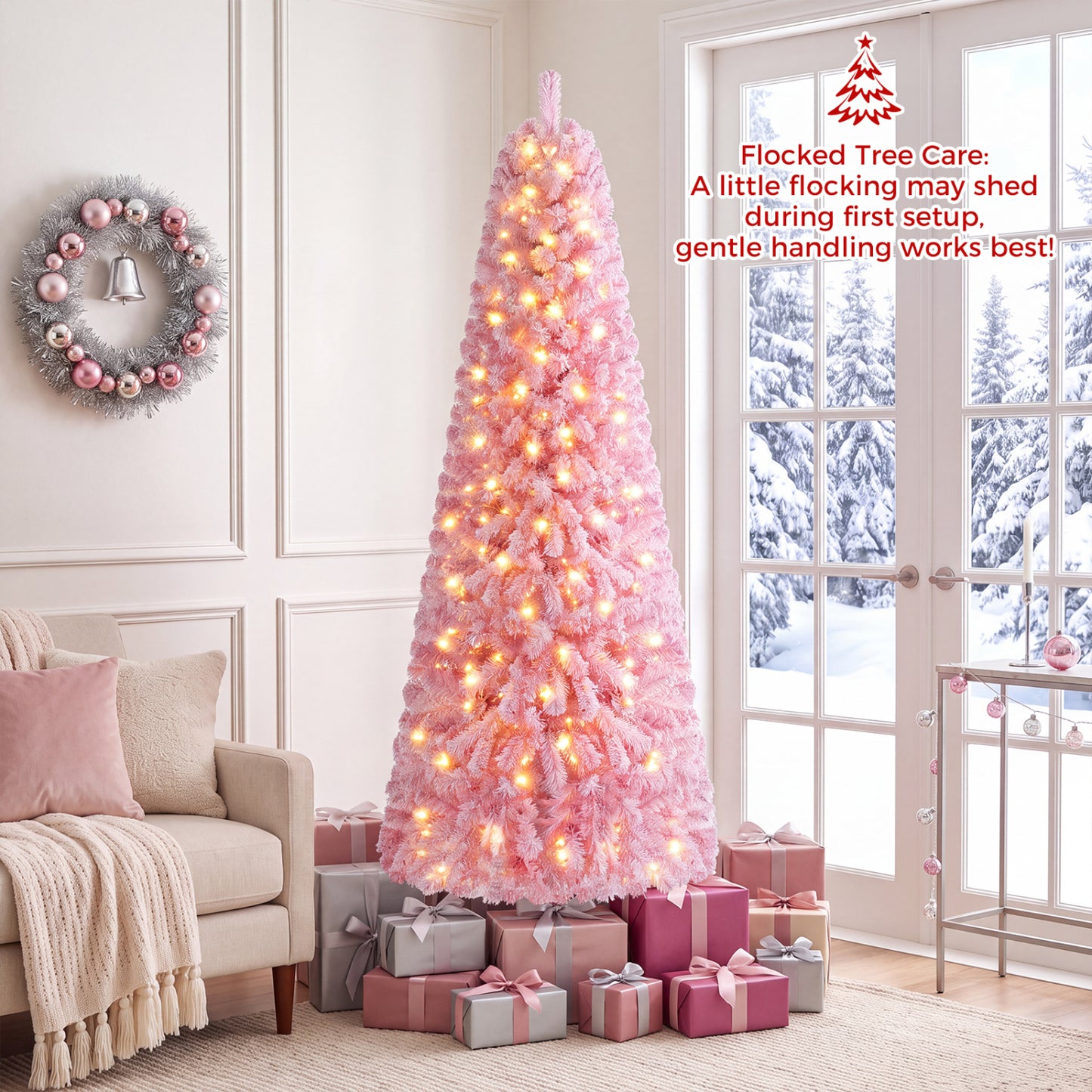 5/6/7 Feet Flocked Fir Christmas Tree with Warm White LED Lights-7 ft
