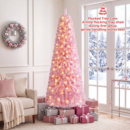 5/6/7 Feet Flocked Fir Christmas Tree with Warm White LED Lights-7 ft