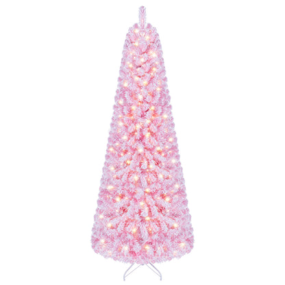 5/6/7 Feet Flocked Fir Christmas Tree with Warm White LED Lights-7 ft