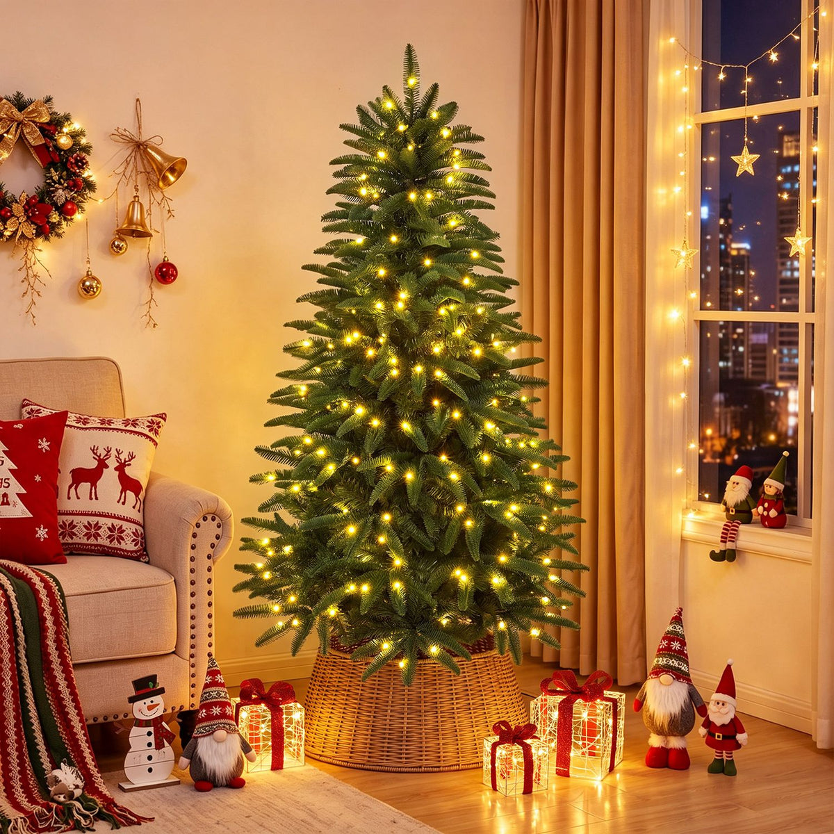 5/6/7 ft Pre-Lit Hinged Christmas Tree with 3 Lighted Gift Boxes-5 ft