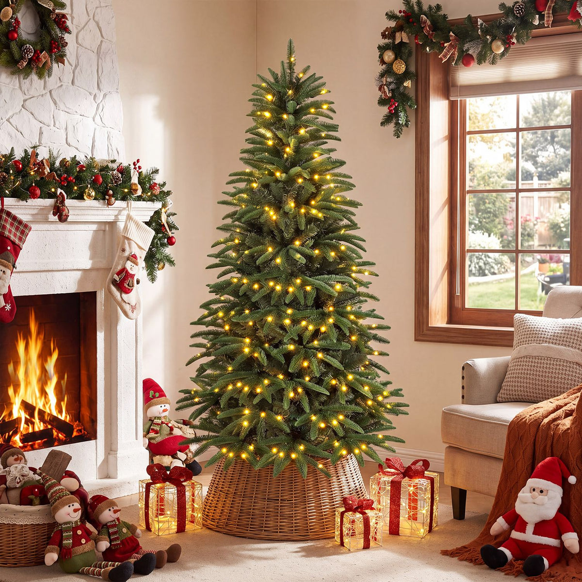 5/6/7 ft Pre-Lit Hinged Christmas Tree with 3 Lighted Gift Boxes-5 ft