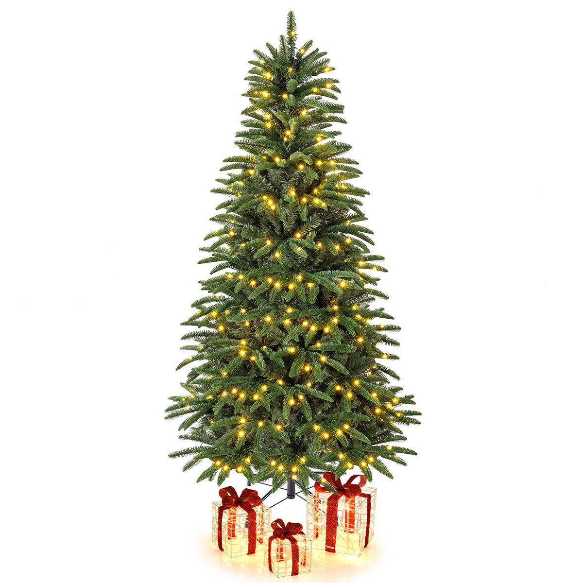 5/6/7 ft Pre-Lit Hinged Christmas Tree with 3 Lighted Gift Boxes-5 ft