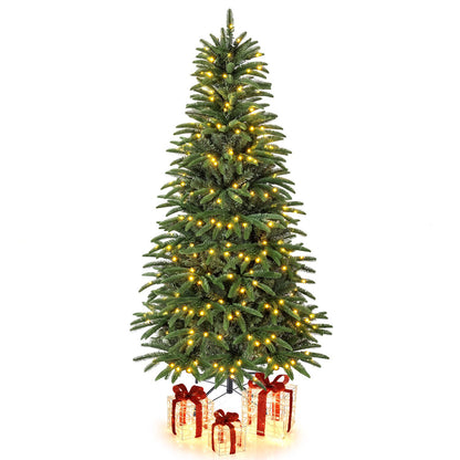 5/6/7 ft Pre-Lit Hinged Christmas Tree with 3 Lighted Gift Boxes-5 ft