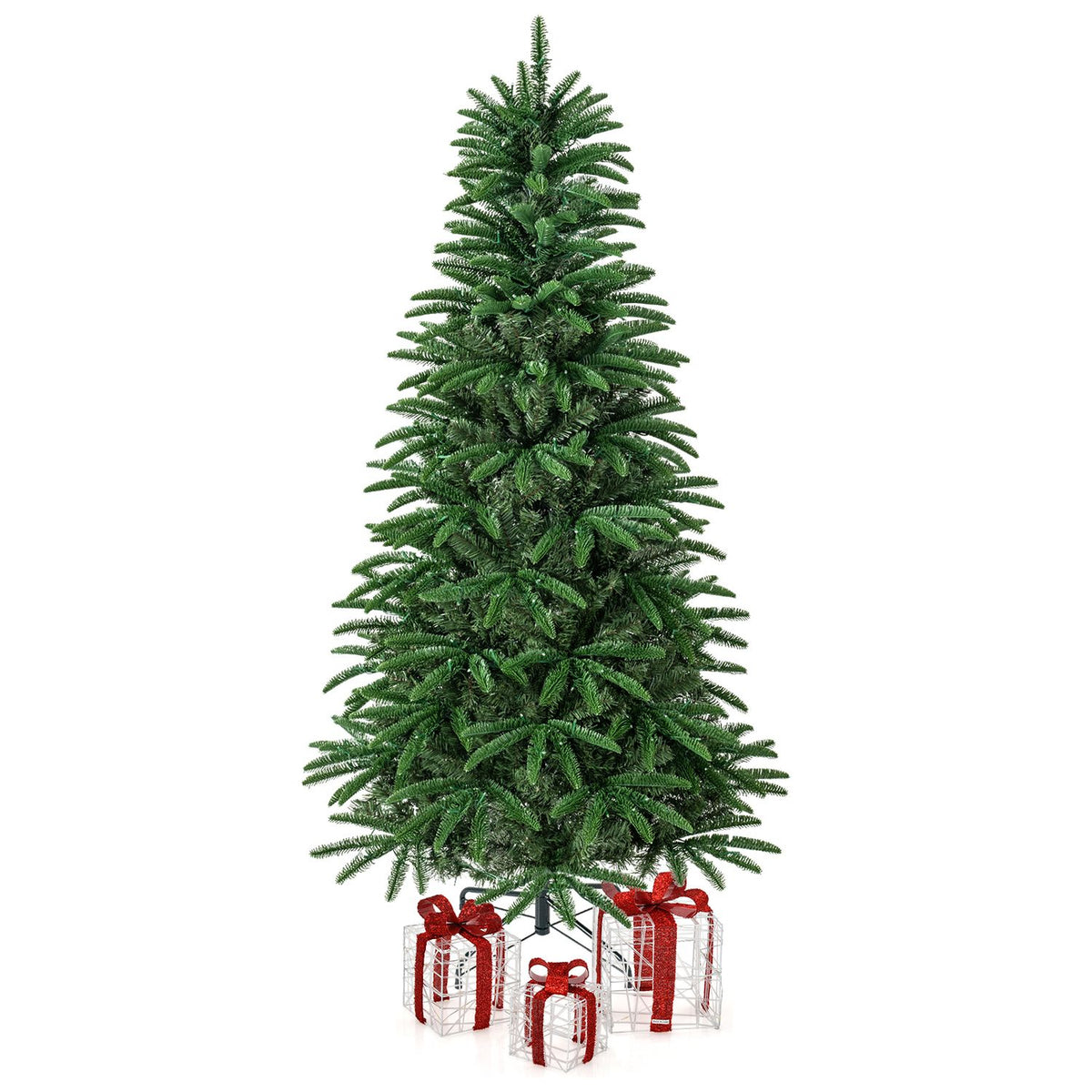 5/6/7 ft Pre-Lit Hinged Christmas Tree with 3 Lighted Gift Boxes-5 ft