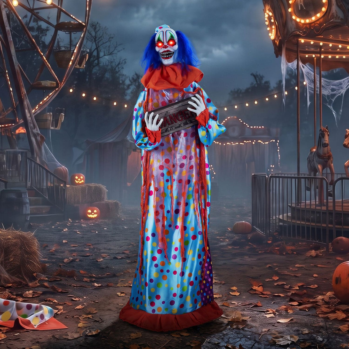 5.6 ft Halloween animated clown decor with snap-up head and voice effects, perfect for spooky holiday decorations