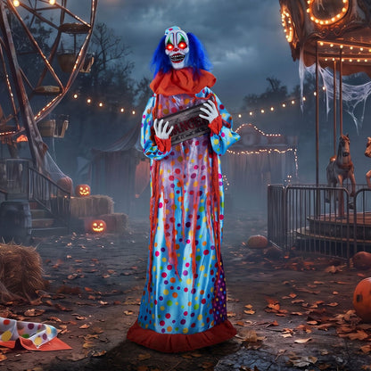 5.6 ft Halloween animated clown decor with snap-up head and voice effects, perfect for spooky holiday decorations