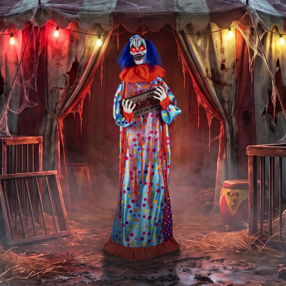 5.6 ft Halloween animated clown decoration with snap-up head and voice effects, featuring spooky details for holiday decor.