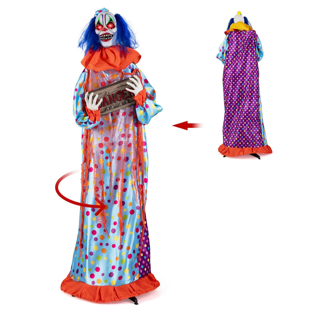 5.6 ft Halloween animated clown decor with snap-up head and voice effects, perfect for spooky holiday decorations.