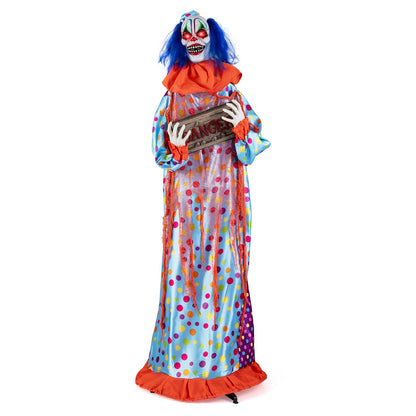 5.6 ft Halloween animated clown decoration with snap-up head and voice effects, designed for holiday Halloween decor.