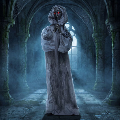 5.6 ft Halloween weeping woman animatronic with light-up eyes and moving body for spooky holiday decor.