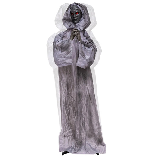 5.6 ft Halloween Weeping Woman animatronic with light-up eyes, moving body, and spooky Halloween decoration for outdoor display