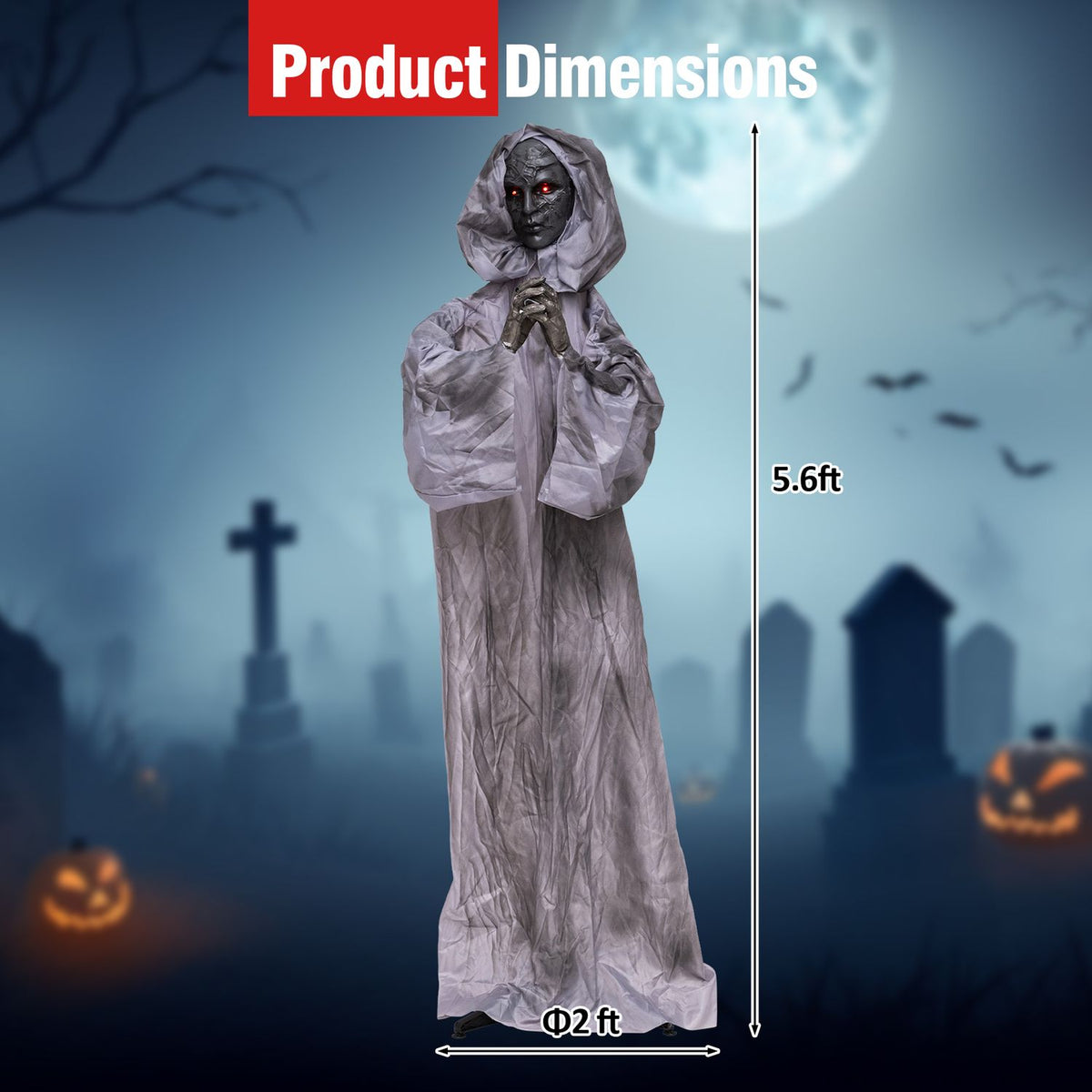 5.6 ft Halloween Weeping Woman animatronic with light-up eyes, moving body, and spooky Halloween decor for outdoor or indoor display