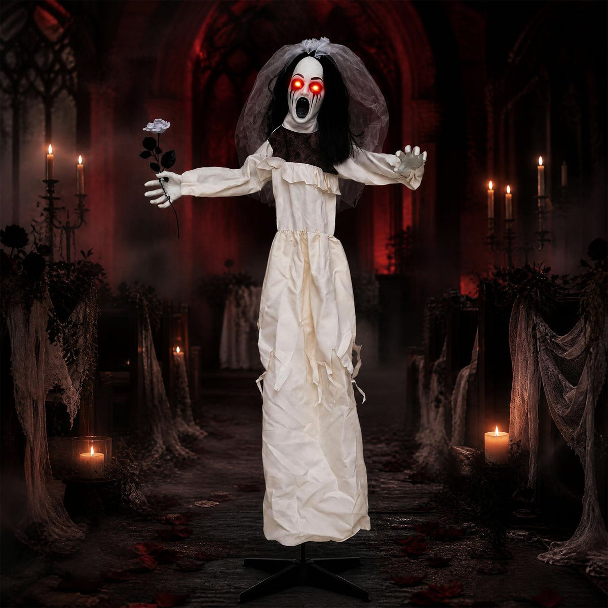 5.7 ft Halloween standing bride animatronic decor holding a flower, spooky holiday decoration for Halloween celebrations.