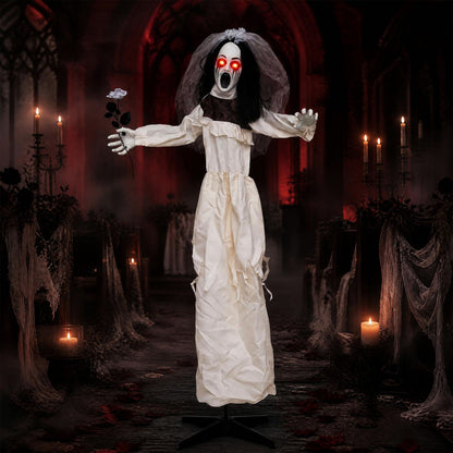 5.7 ft Halloween standing bride animatronic decor holding a flower, spooky holiday decoration for Halloween celebrations.