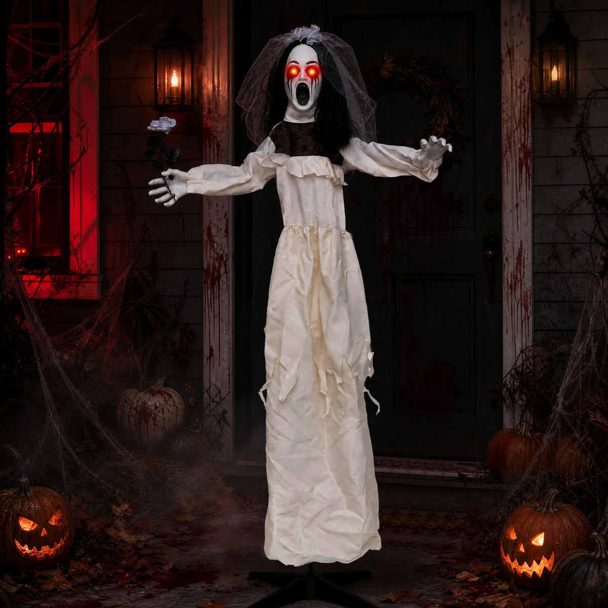 5.7 ft Halloween standing bride animatronic with flower in hand, spooky holiday decor for Halloween celebrations.