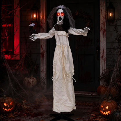 5.7 ft Halloween standing bride animatronic with flower in hand, spooky holiday decor for Halloween celebrations.