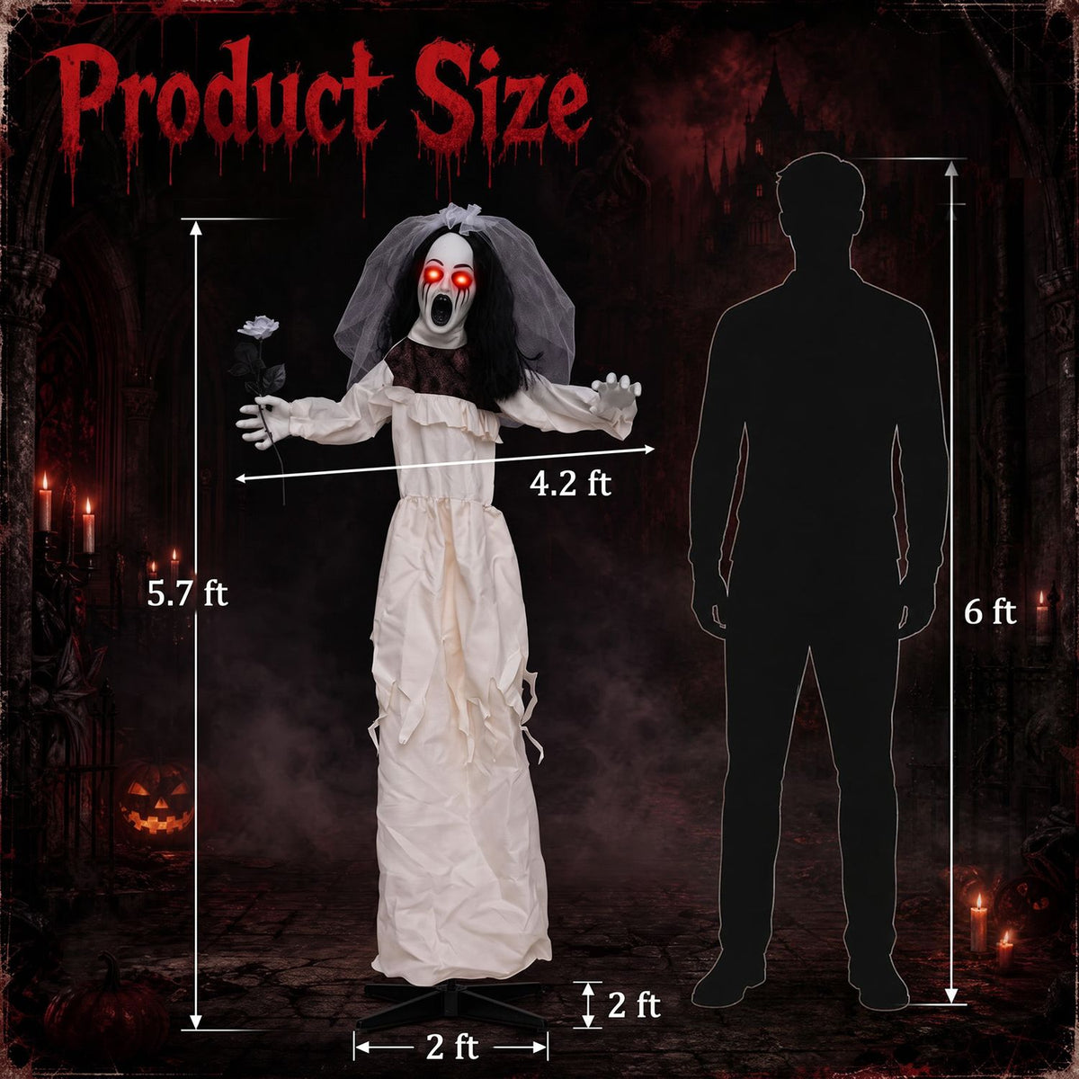 5.7 ft Halloween standing bride animatronic with flower in hand, spooky holiday decor by Wilsons Home Store