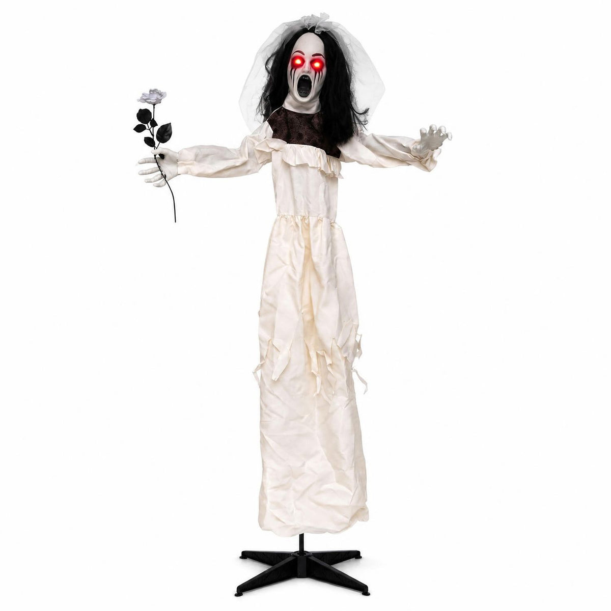 5.7 ft Halloween standing bride animatronic with flower in hand, spooky holiday decor for Halloween celebrations