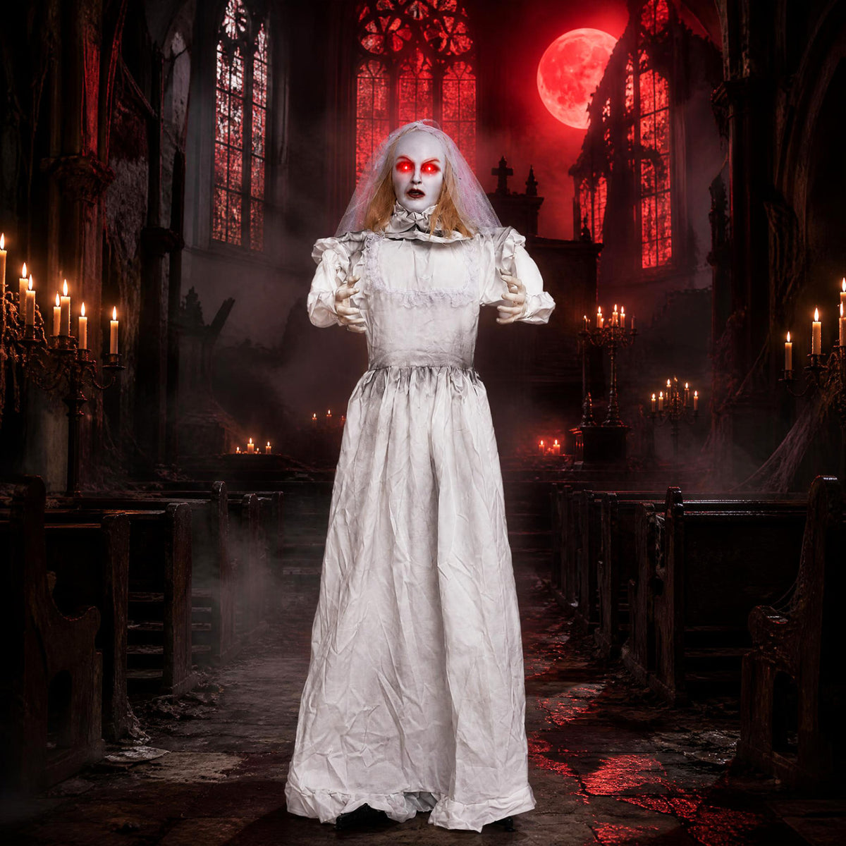5.7 ft Animated Halloween Ghost Bride Decoration with Turning Head