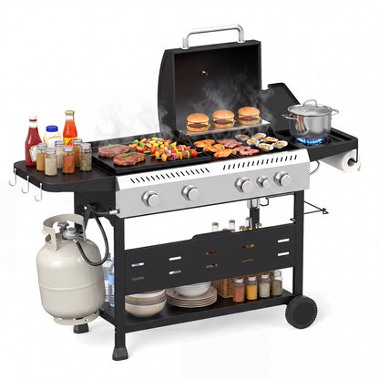 5-Burner Propane Gas Grill and Griddle Combo with Side Burner-Black