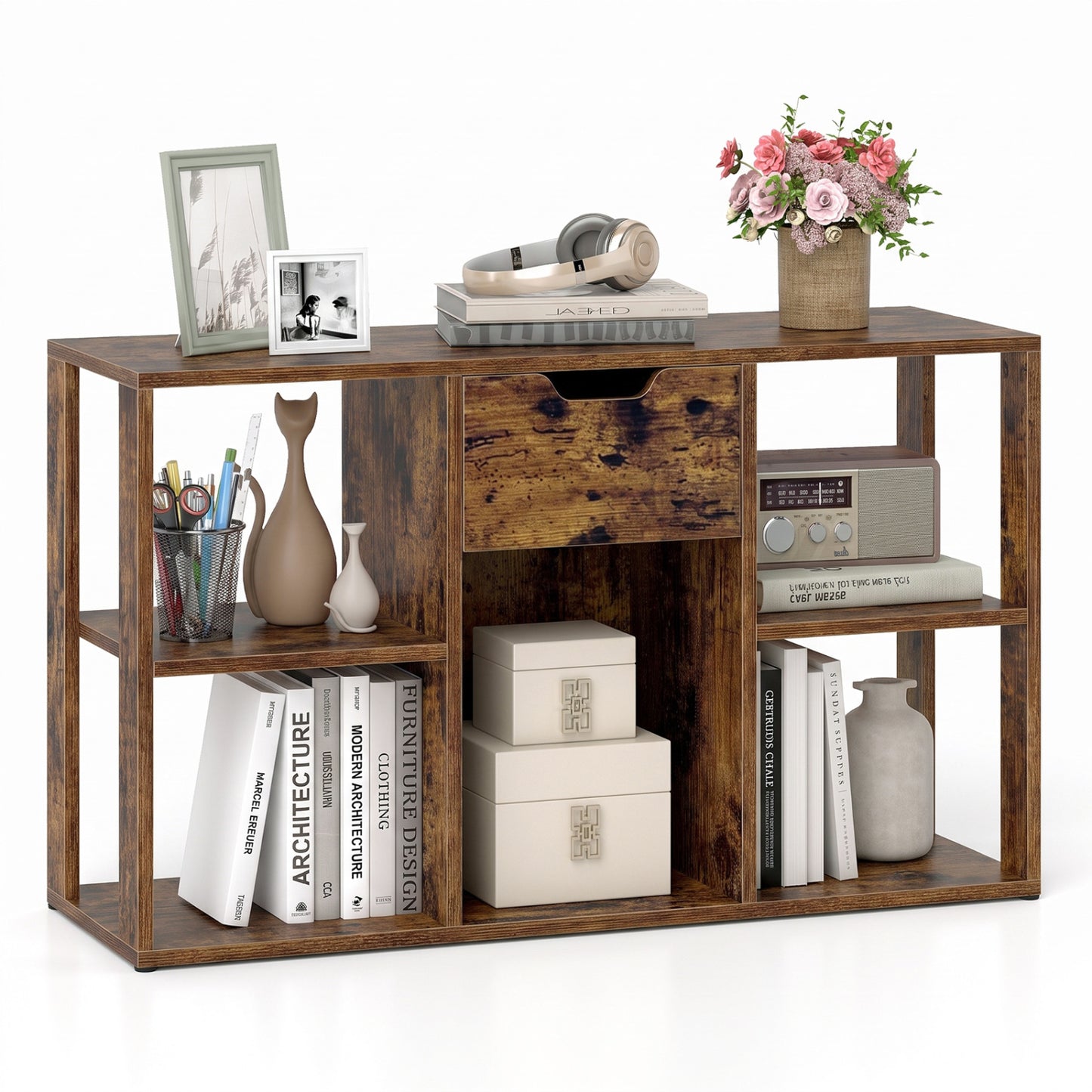 5-Cube Bookcase with Storage Drawer Freestanding Bookshelf Modern Display Rack-Rustic Brown