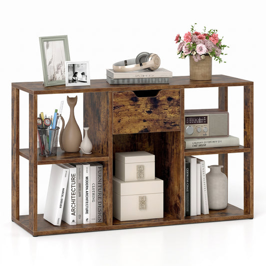 Rustic brown 5-cube bookcase with storage drawer, freestanding modern bookshelf for home office or living room display.