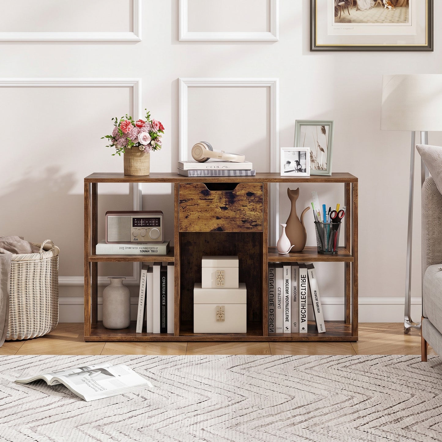 5-Cube Bookcase with Storage Drawer Freestanding Bookshelf Modern Display Rack-Rustic Brown