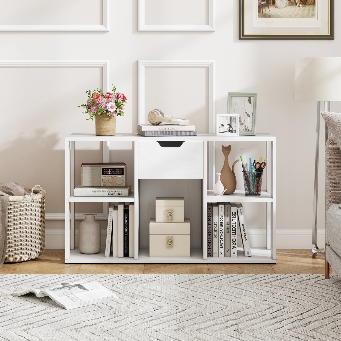5-Cube Bookcase with Storage Drawer Freestanding Bookshelf Modern Display Rack-Rustic Brown