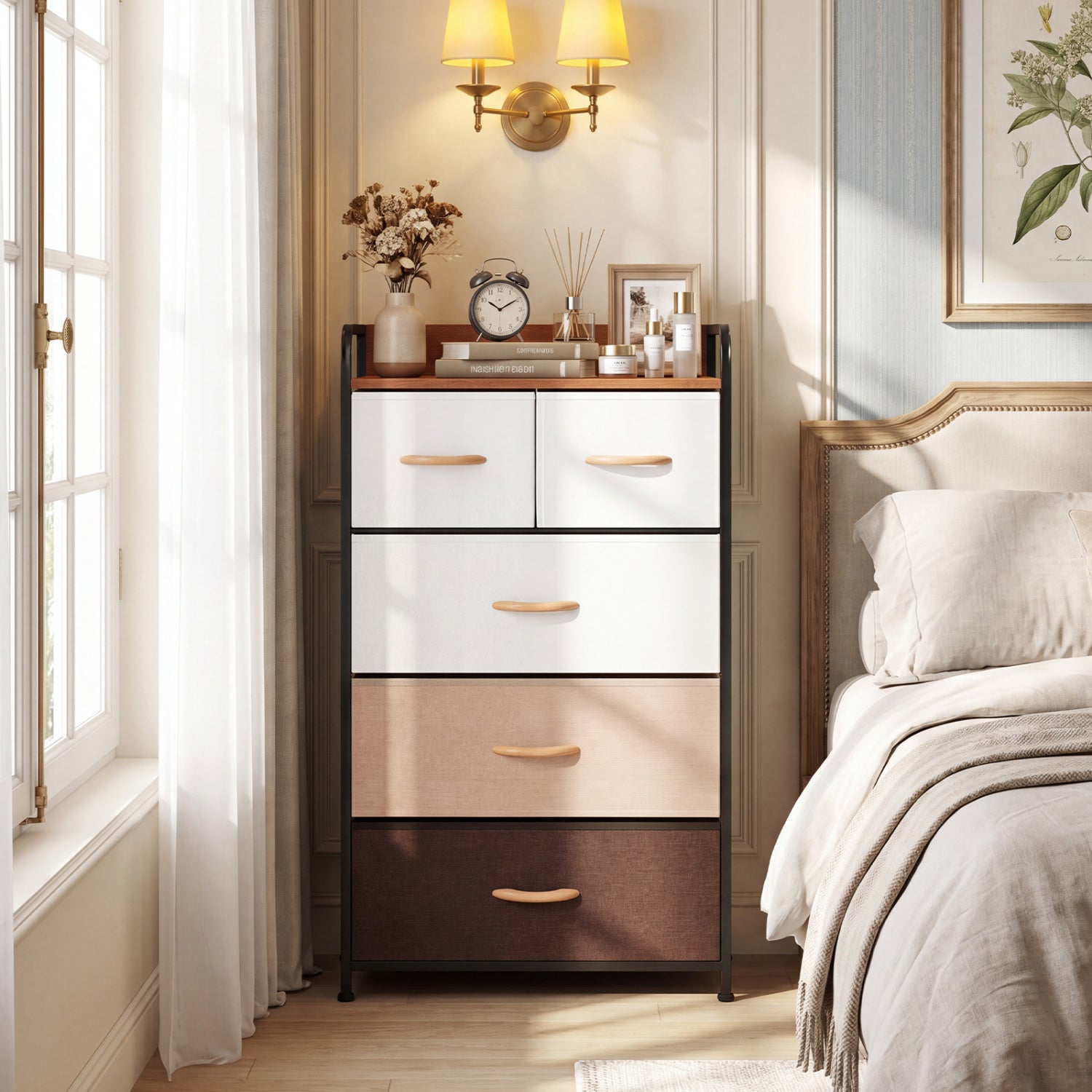 Multicolor fabric dresser with 5 drawers and removable fabric bins, ideal for bedroom storage and organization.