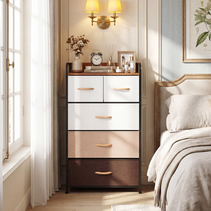Multicolor fabric dresser with 5 drawers and removable fabric bins, ideal for bedroom storage and organization.