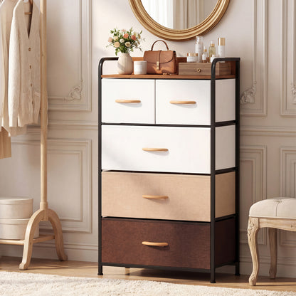 Multicolor fabric dresser with five drawers and removable bins,Designed for bedroom storage by Wilsons Home Store