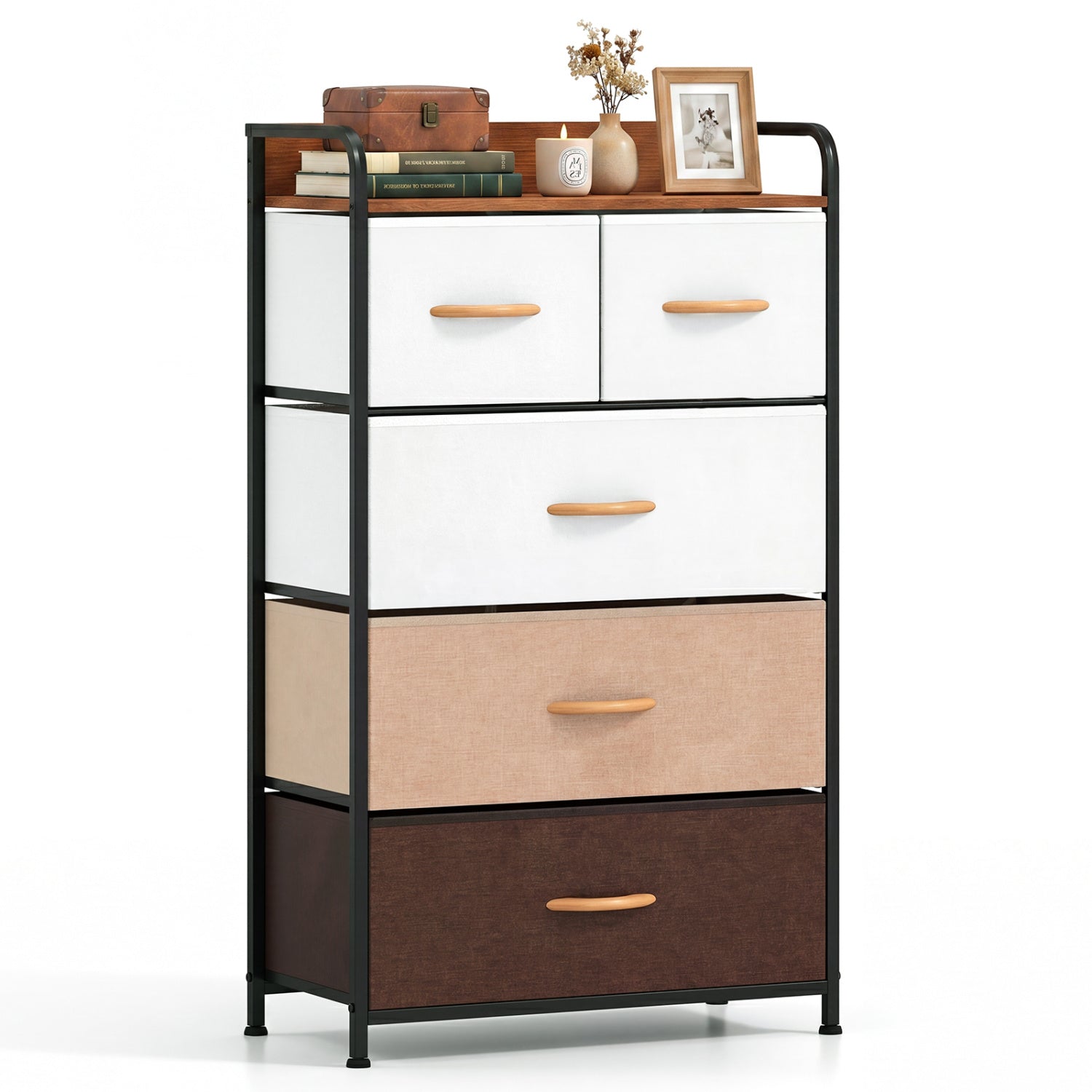 Multicolor fabric dresser with five drawers and removable fabric bins, bedroom storage furniture in a modern design.