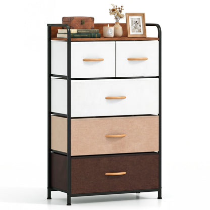 Multicolor fabric dresser with five drawers and removable fabric bins, bedroom storage furniture in a modern design.
