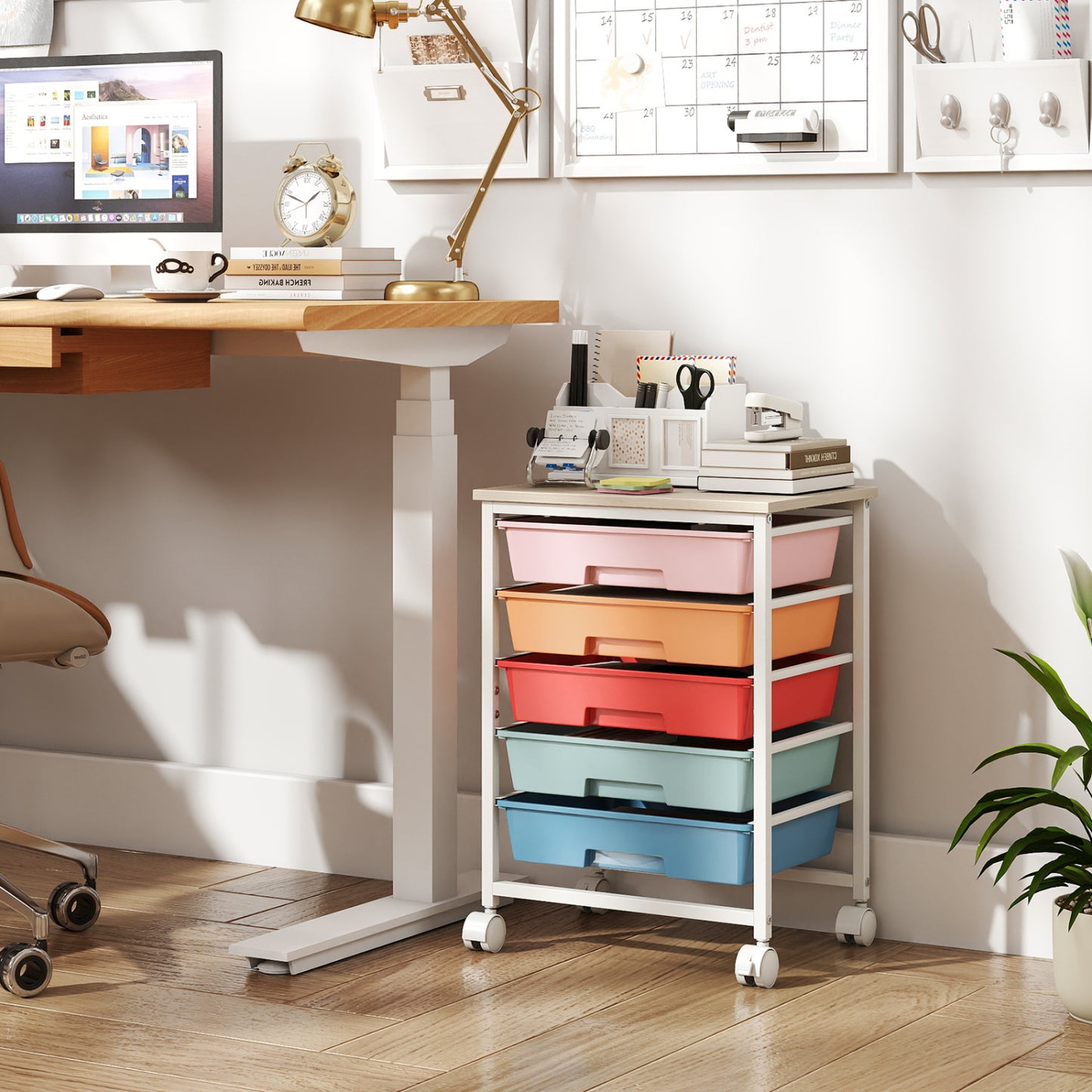 5-Drawer Rolling Cart with Wooden Tabletop and Metal Frame for Craft Room-Green Gradient