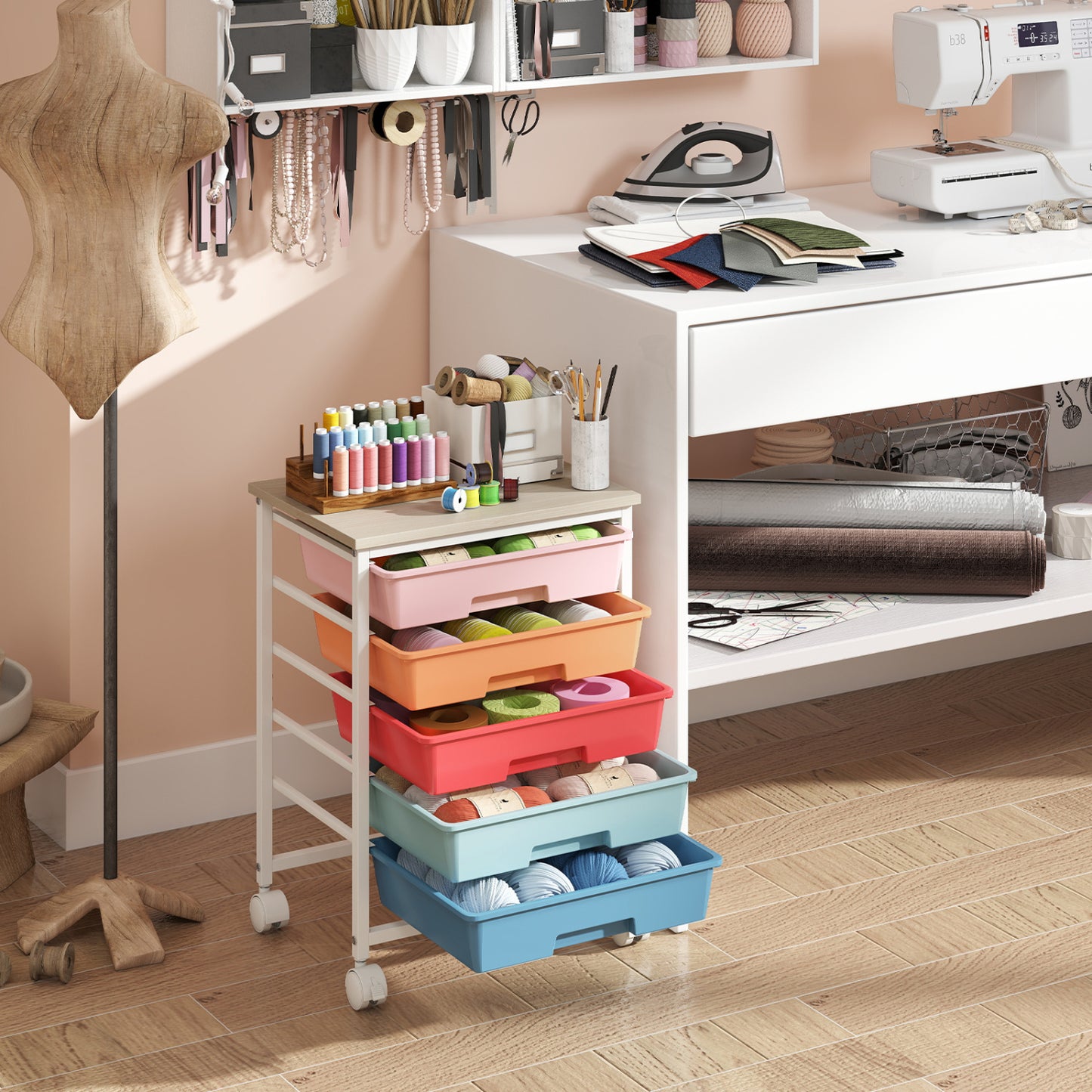 5-Drawer Rolling Cart with Wooden Tabletop and Metal Frame for Craft Room-Green Gradient