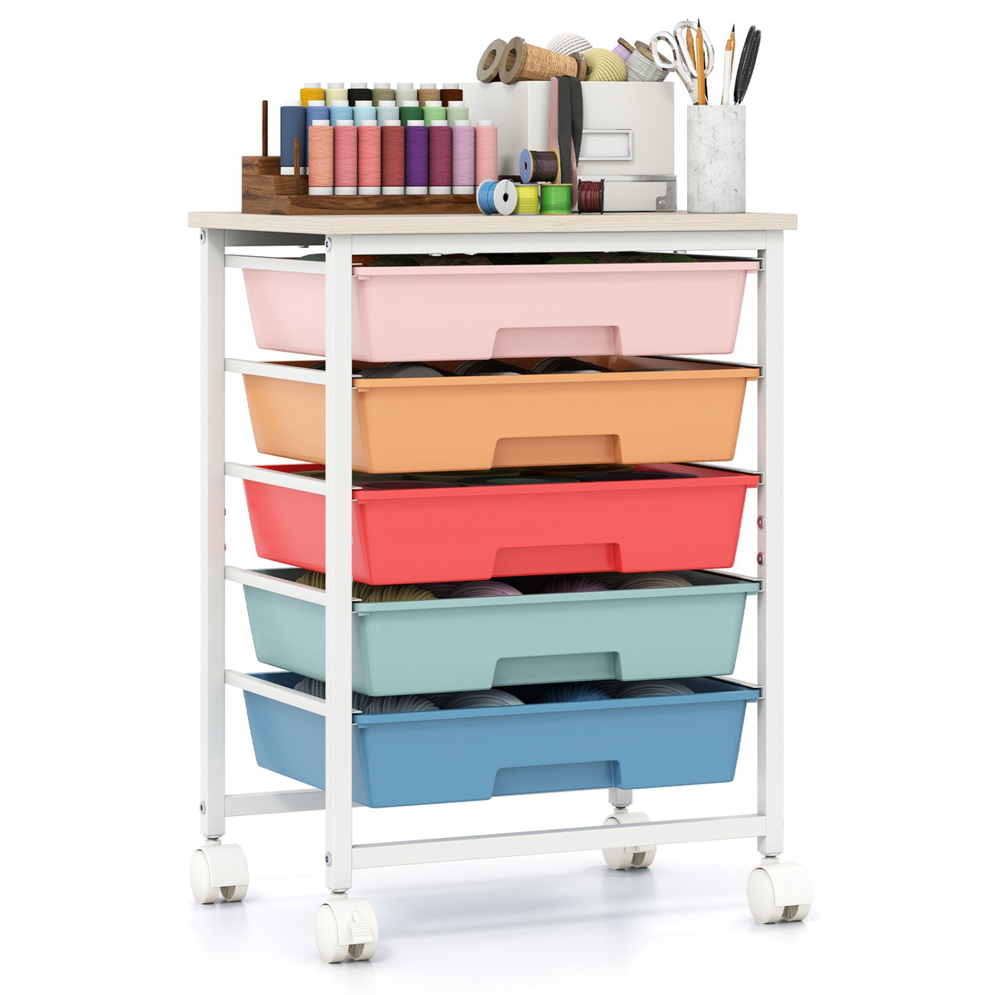 5-Drawer Rolling Cart with Wooden Tabletop and Metal Frame for Craft Room-Green Gradient